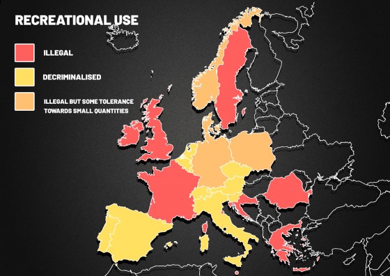 Tato mapka pro změnu ukazuje striktnost té které země Evropy, co se týká rekreačního užívání